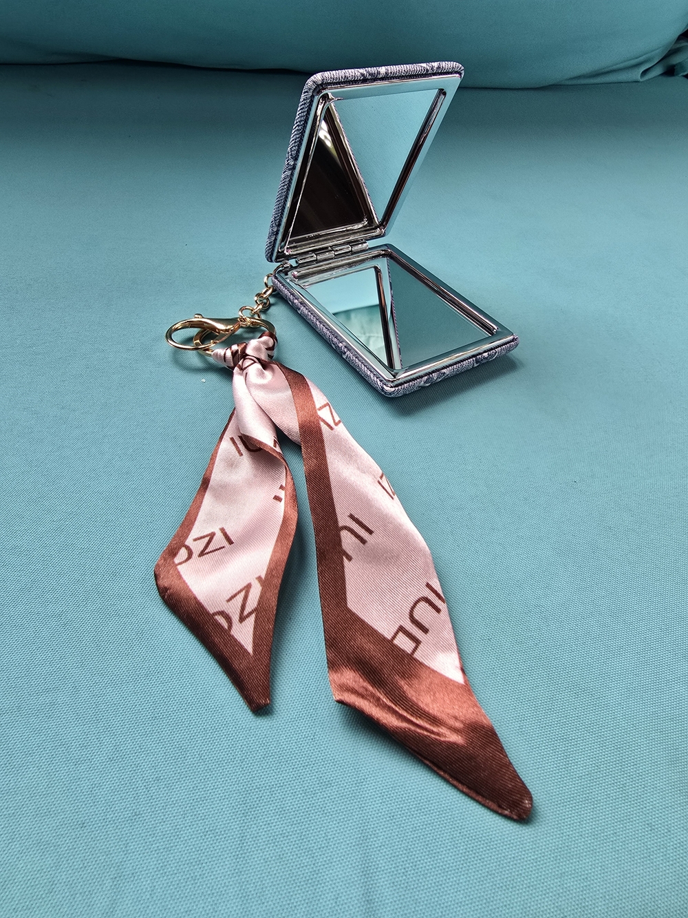 Compact Double Mirror Keychain with Pink & Copper Scarf Accent